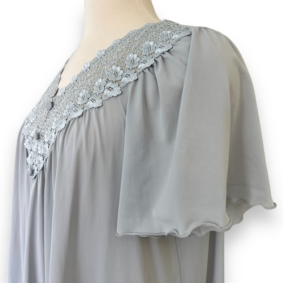 Vintage Made in USA All Nylon Shadowline Long Gray Gown with Flutter Sleeves - Picture 5 of 11